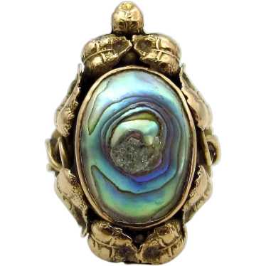 Victorian 10K Yellow Gold Abalone Shell Ring - Siz