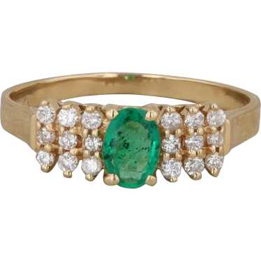 14k Yellow Gold Emerald and Diamond Row Ring - image 1
