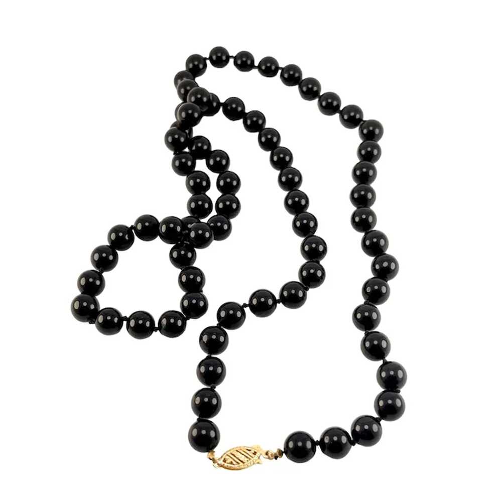 Black Onyx 8mm Beaded Necklace Hand Knotted 14K Y… - image 2