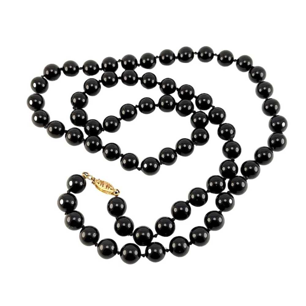 Black Onyx 8mm Beaded Necklace Hand Knotted 14K Y… - image 3