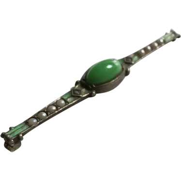 Sterling silver bar pin green enamel faux jade se… - image 1