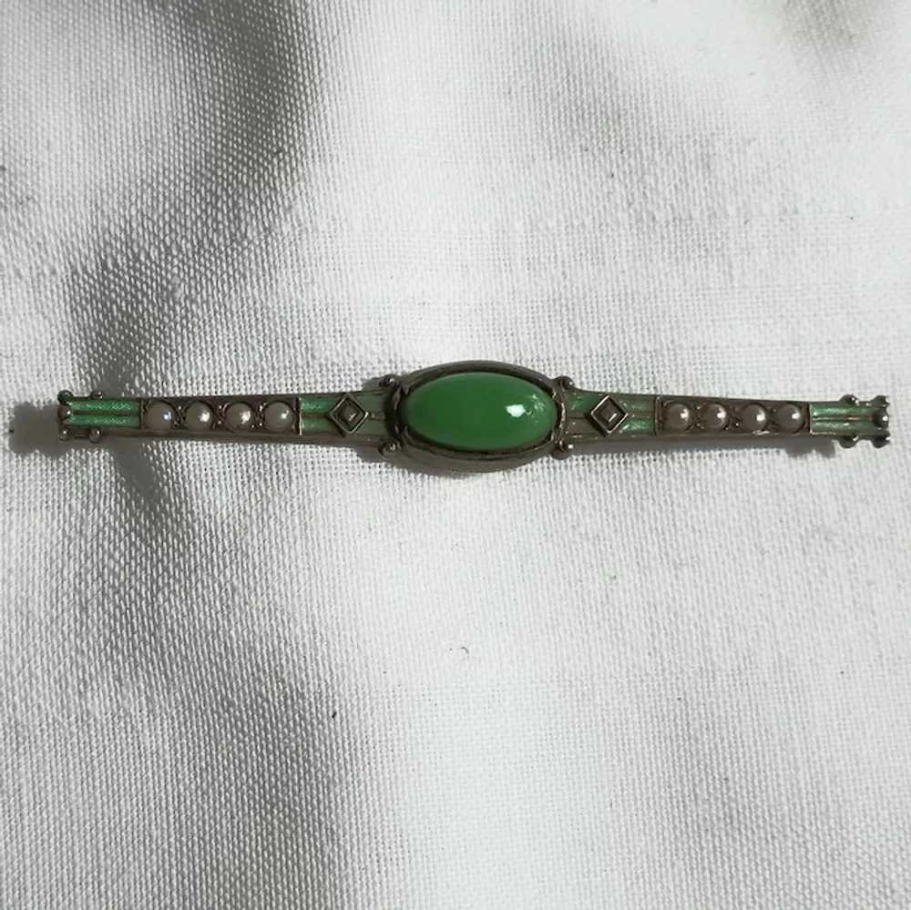 Sterling silver bar pin green enamel faux jade se… - image 2