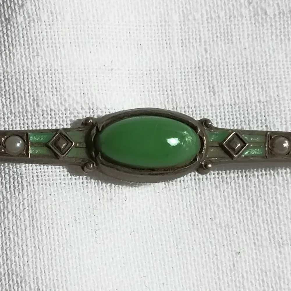 Sterling silver bar pin green enamel faux jade se… - image 3