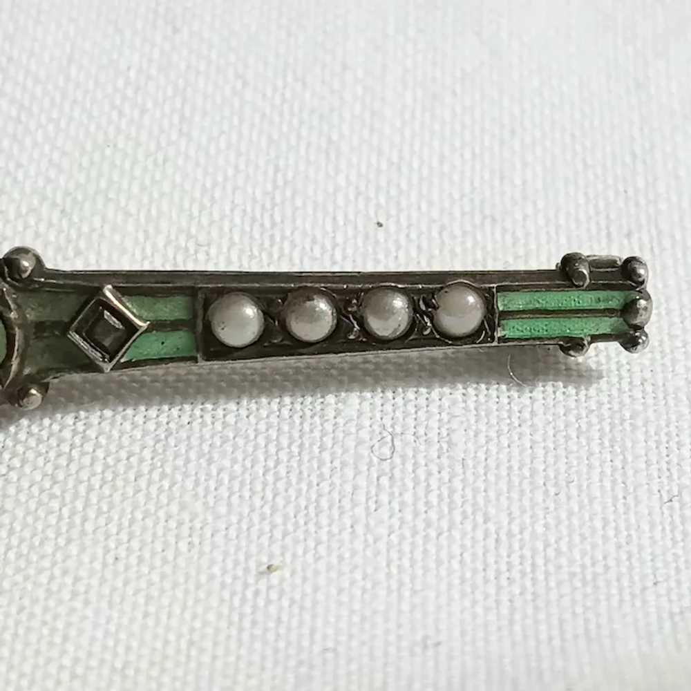 Sterling silver bar pin green enamel faux jade se… - image 4