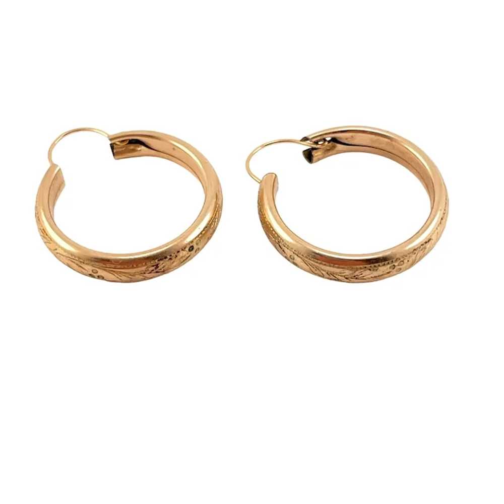 Etched Gold Filled Hoop Earrings 7/8" Vintage Pie… - image 2