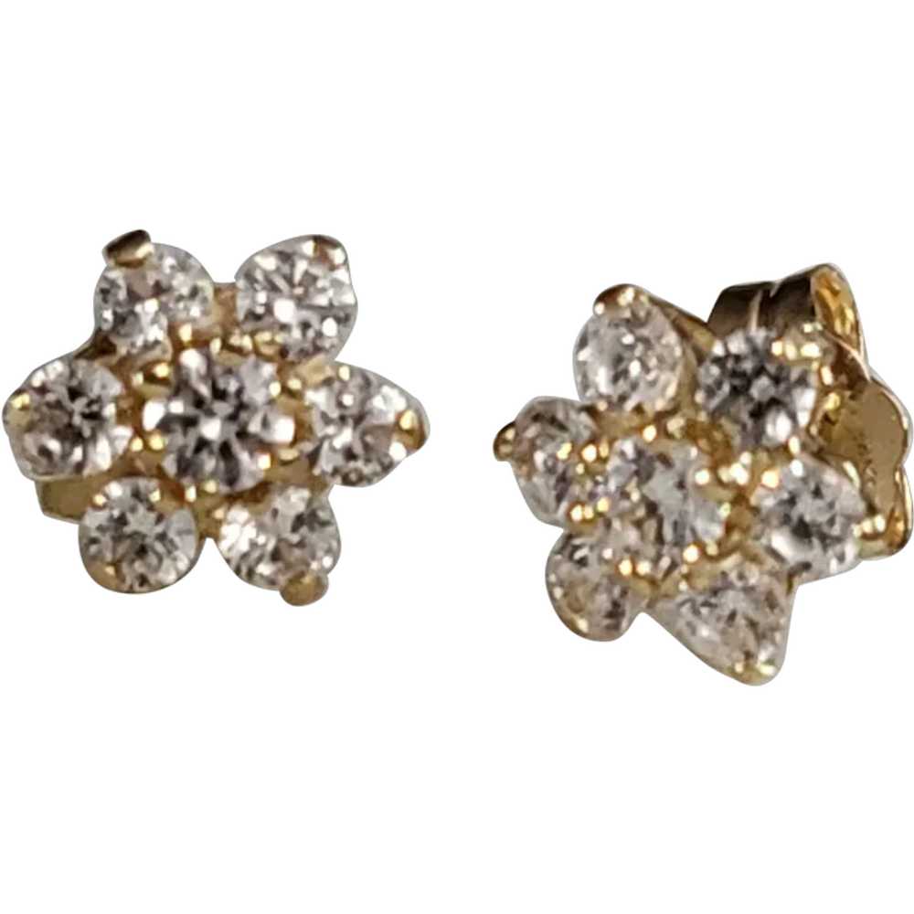 14K YG Flower Stud Earrings Clear Stones - image 1