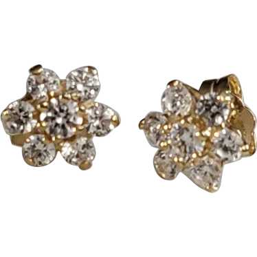 14K YG Flower Stud Earrings Clear Stones - image 1