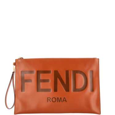 FENDI Logo Flat Wristlet Pouch Embossed Leather La