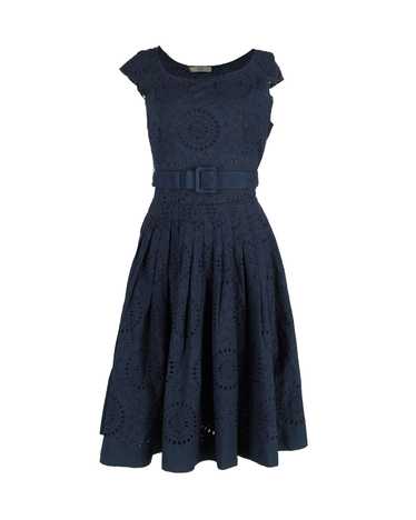 Prada Navy Blue Broderie Anglaise Belted Dress - image 1