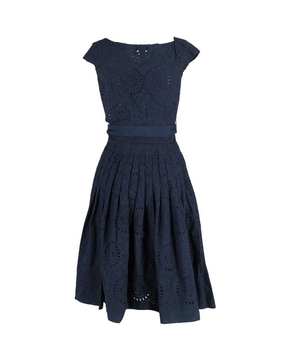 Prada Navy Blue Broderie Anglaise Belted Dress - image 3