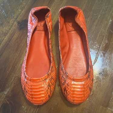 Tory Burch Coral Snakeskin Leather Minnie Flats - image 1