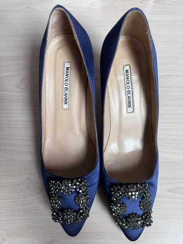 Manolo Blahnik Hangisi Blue Satin Jewel Buckle Pum