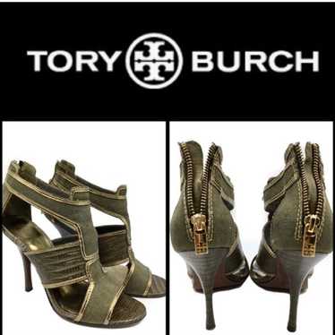 Tory Burch Geoff Olive Green & Gold Caged Heel San