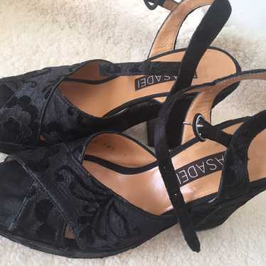 Casadei black velvet floral platform heels S 8
