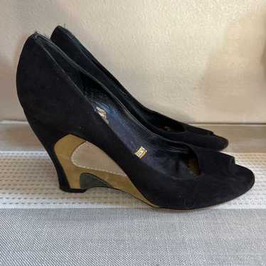 Emilio Pucci Hill Suede Open Toe Wedge Shoes Black