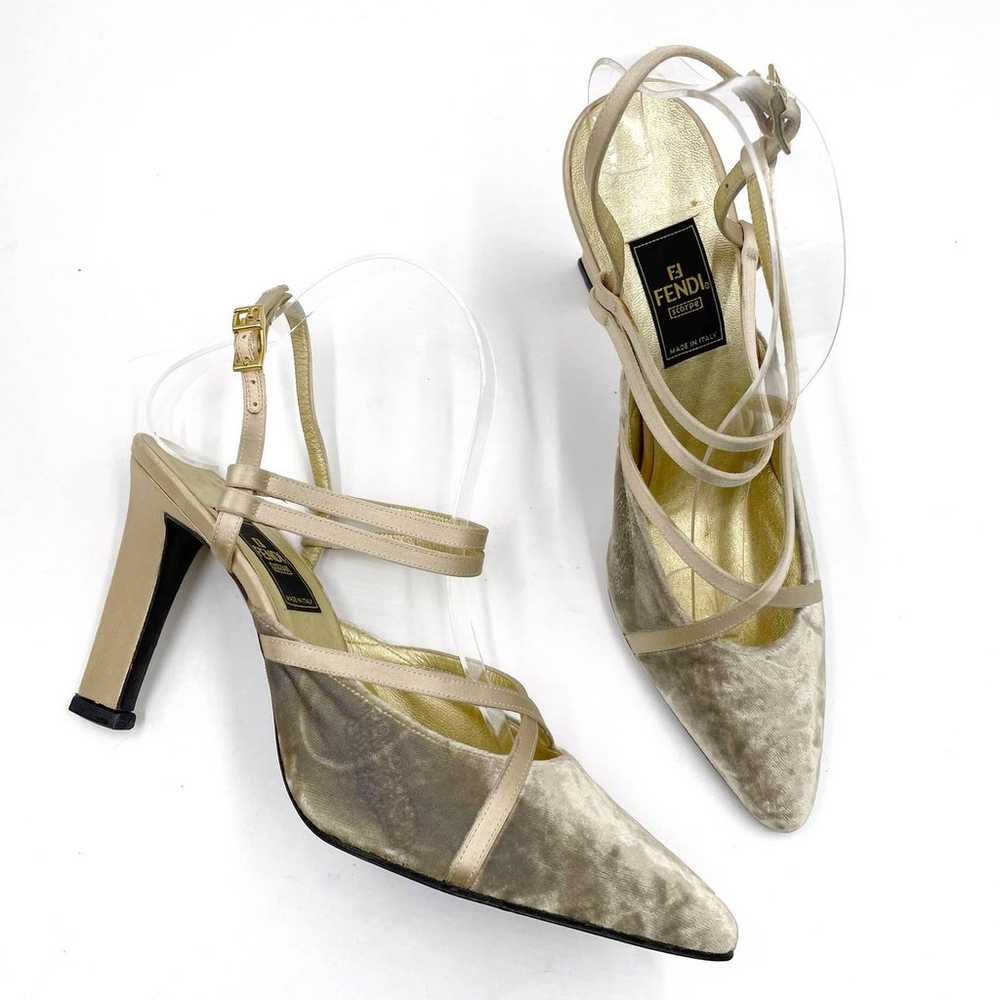 Fendi Slingback Pumps Gray Gold Heels Velvet Stra… - image 1