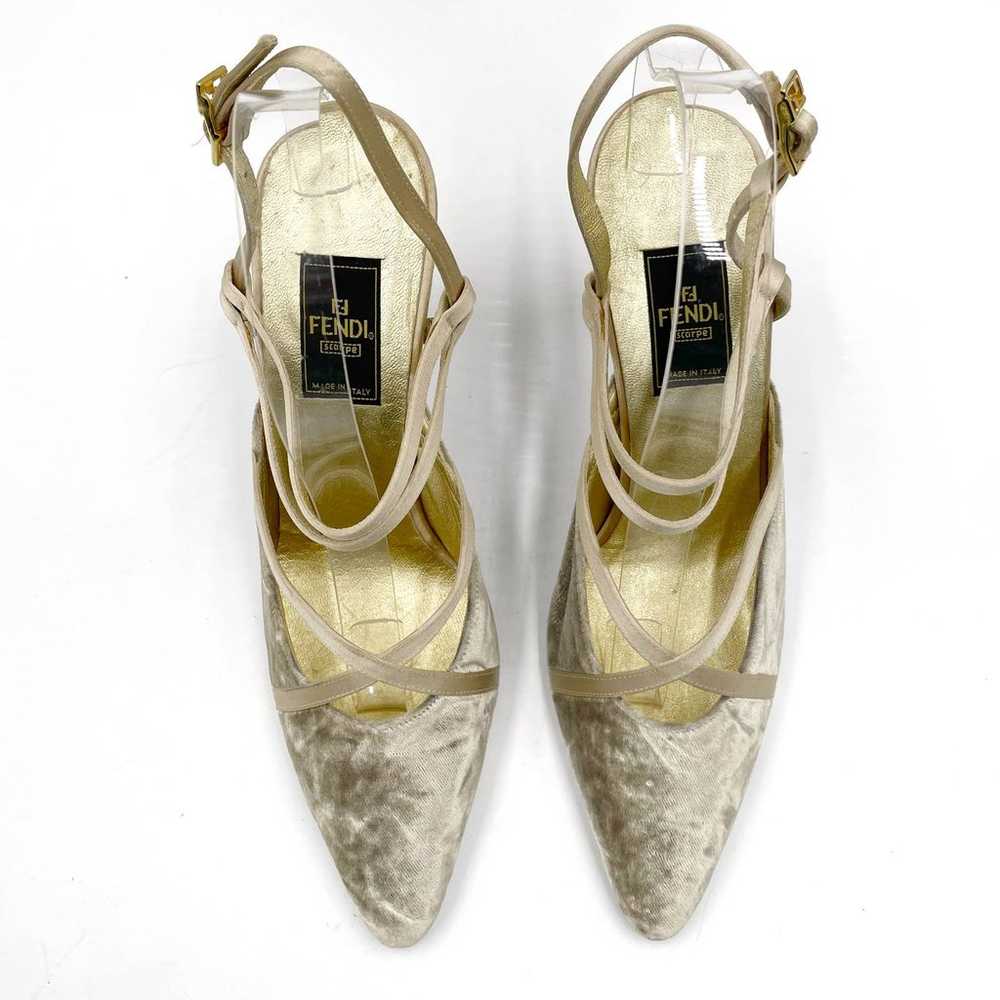 Fendi Slingback Pumps Gray Gold Heels Velvet Stra… - image 5