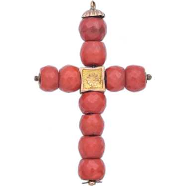 Antique 20K Yellow Gold Faceted Red Coral Bead Cro