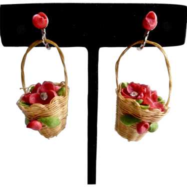 Mini Basket Earrings filled with Red Flowers, 194… - image 1