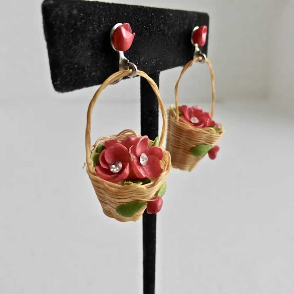 Mini Basket Earrings filled with Red Flowers, 194… - image 2
