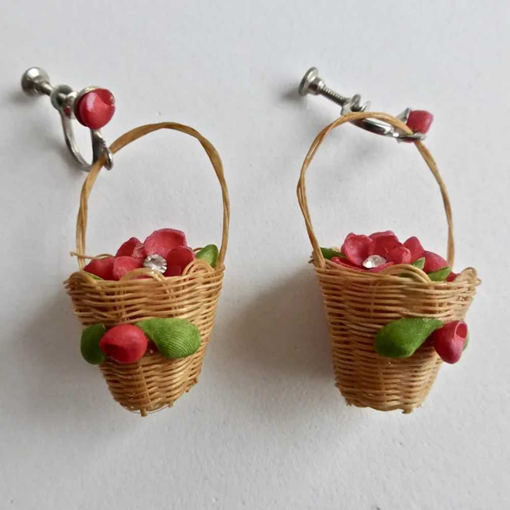 Mini Basket Earrings filled with Red Flowers, 194… - image 3