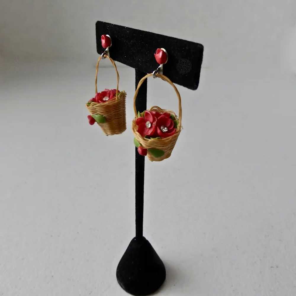 Mini Basket Earrings filled with Red Flowers, 194… - image 4