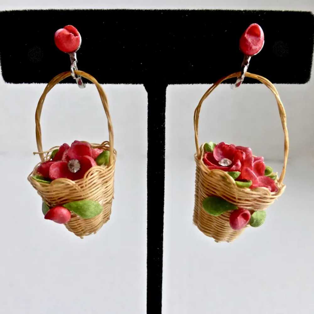 Mini Basket Earrings filled with Red Flowers, 194… - image 6