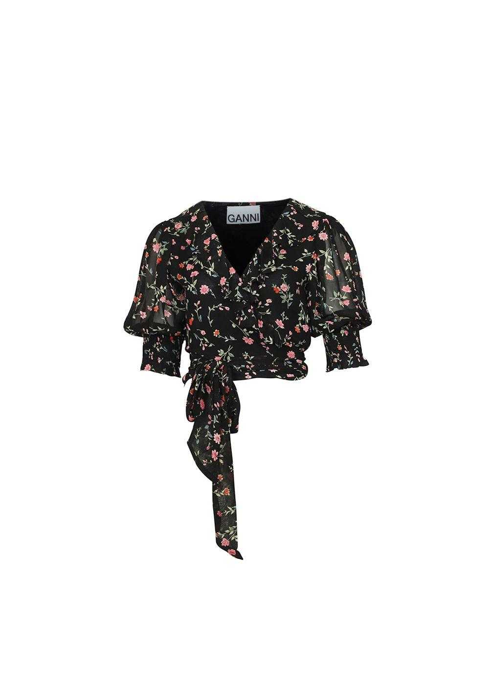 Ganni Black floral chiffon wrap blouse - image 1