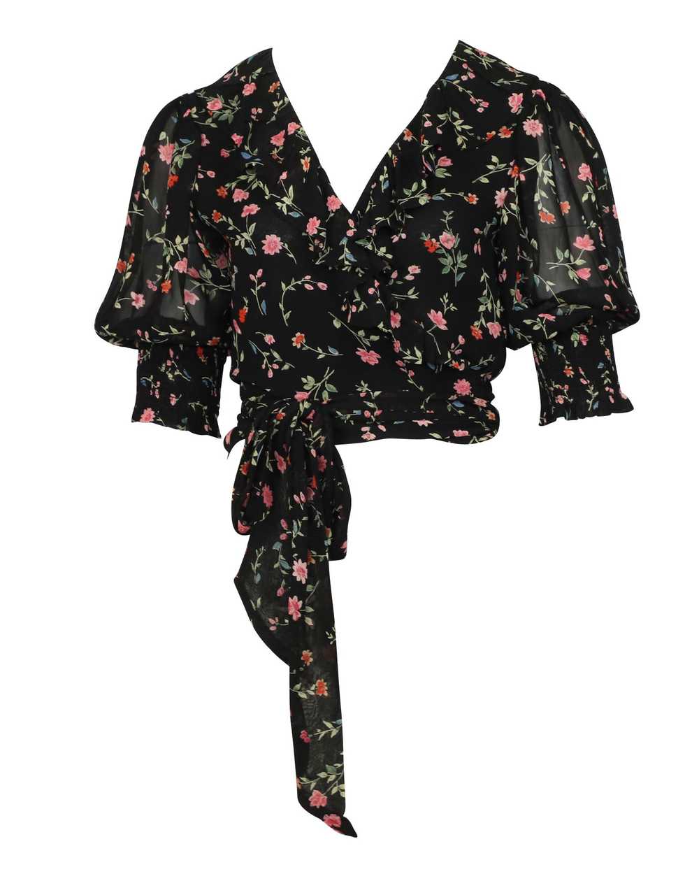 Ganni Black floral chiffon wrap blouse - image 2