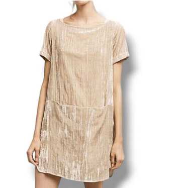 Anthropologie Crinkled Velvet Tunic tan cheapest beige Crushed V Short Sleeve Shift Dress