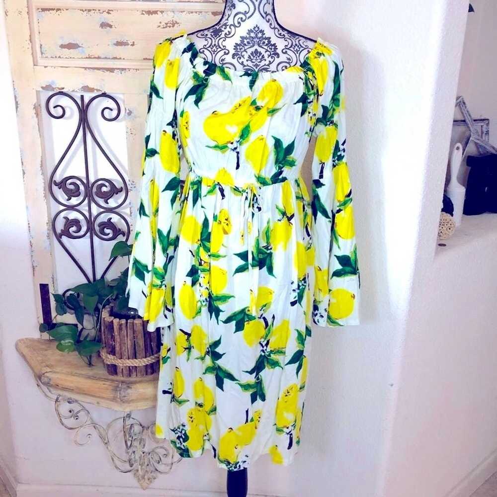Solitaire lemon print bell sleeve tie waist dress… - image 1