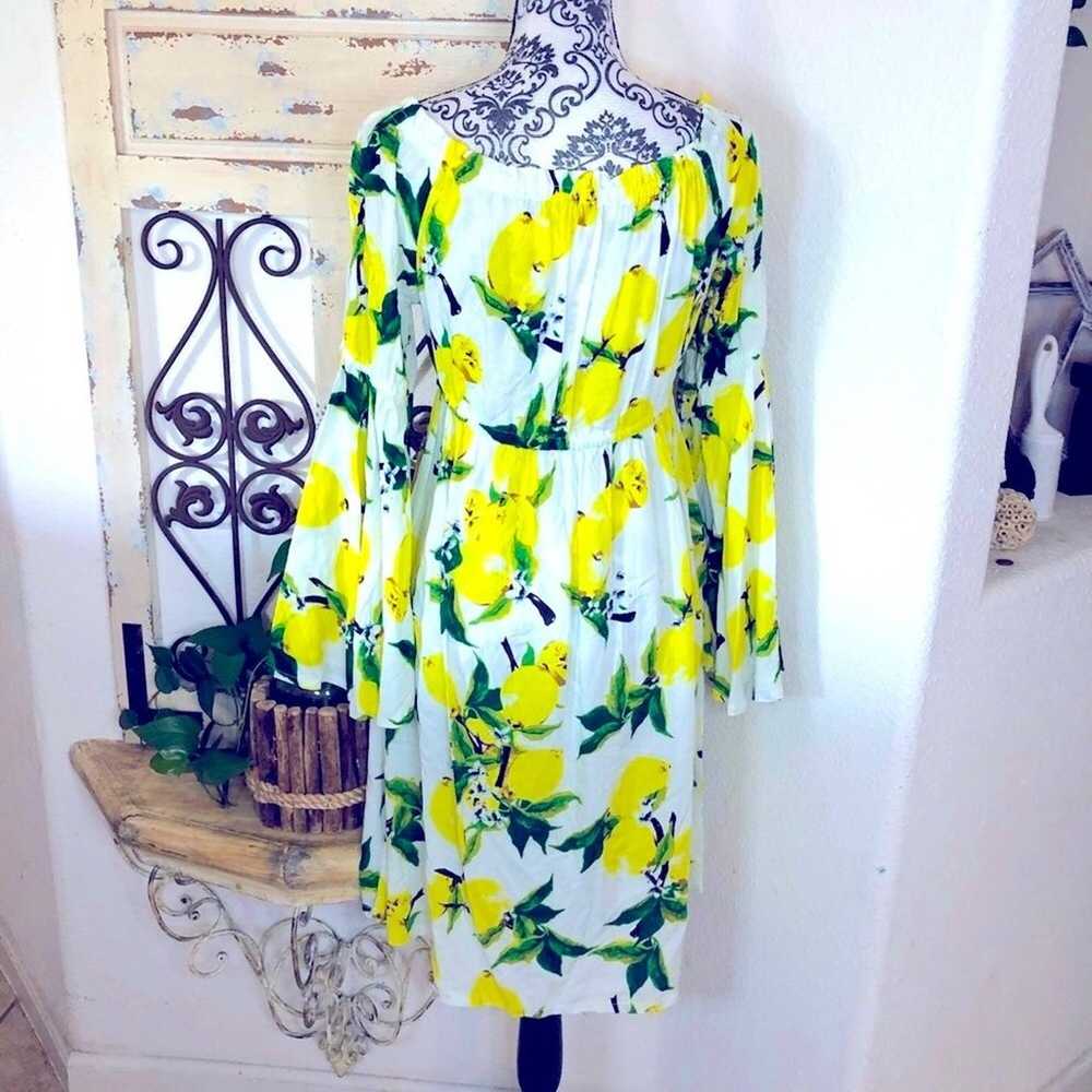 Solitaire lemon print bell sleeve tie waist dress… - image 5