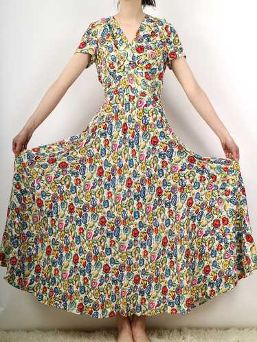 1930s Rayon Bright Floral Garden Party Maxi Dress 