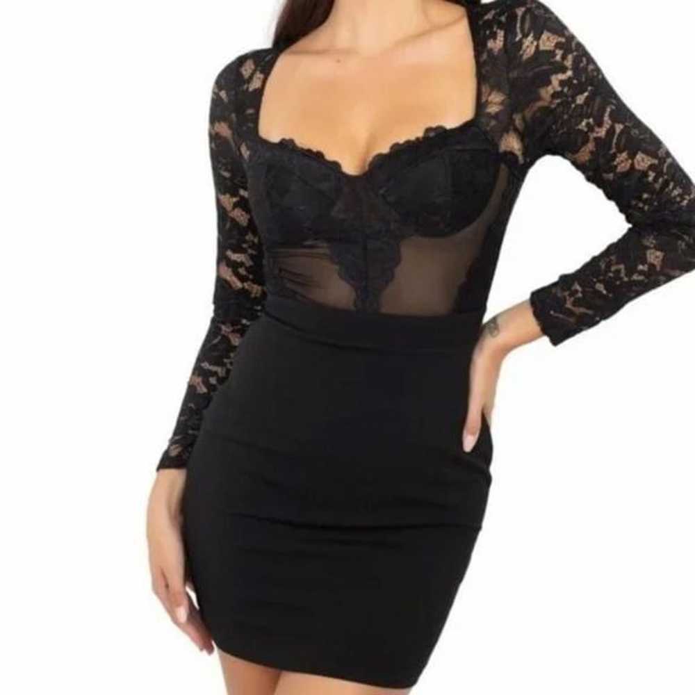 Black Lace Sleeve Sexy Mini Cocktail Dress Medium - image 1