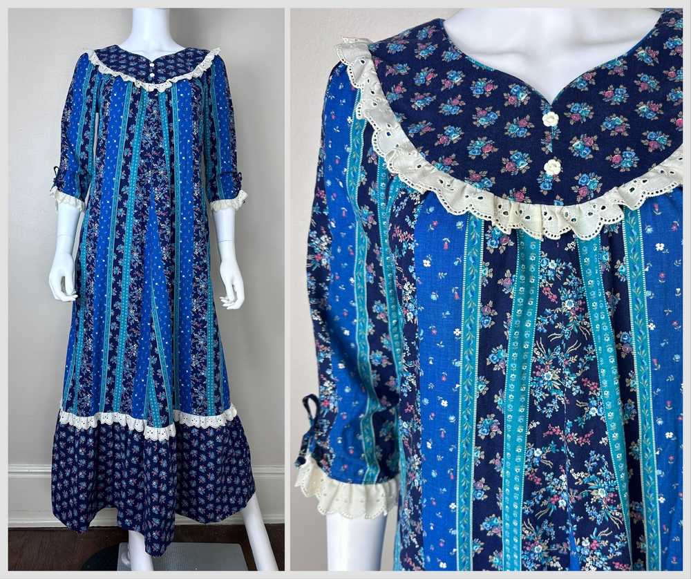 1970s/80s Mixed Blue Florals Muumuu Dress, Natura… - image 1