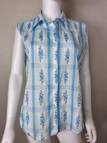 1960s Blue Floral Plaid Sleeveless Blouse, Size La