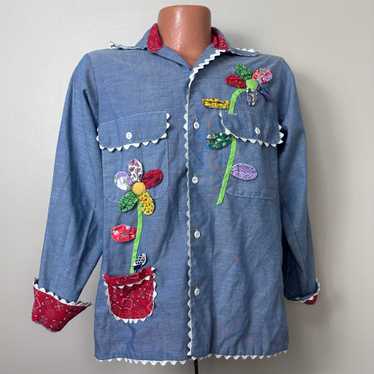 1970s Chambray Shirt with Appliqué and Lace Trim,… - image 1