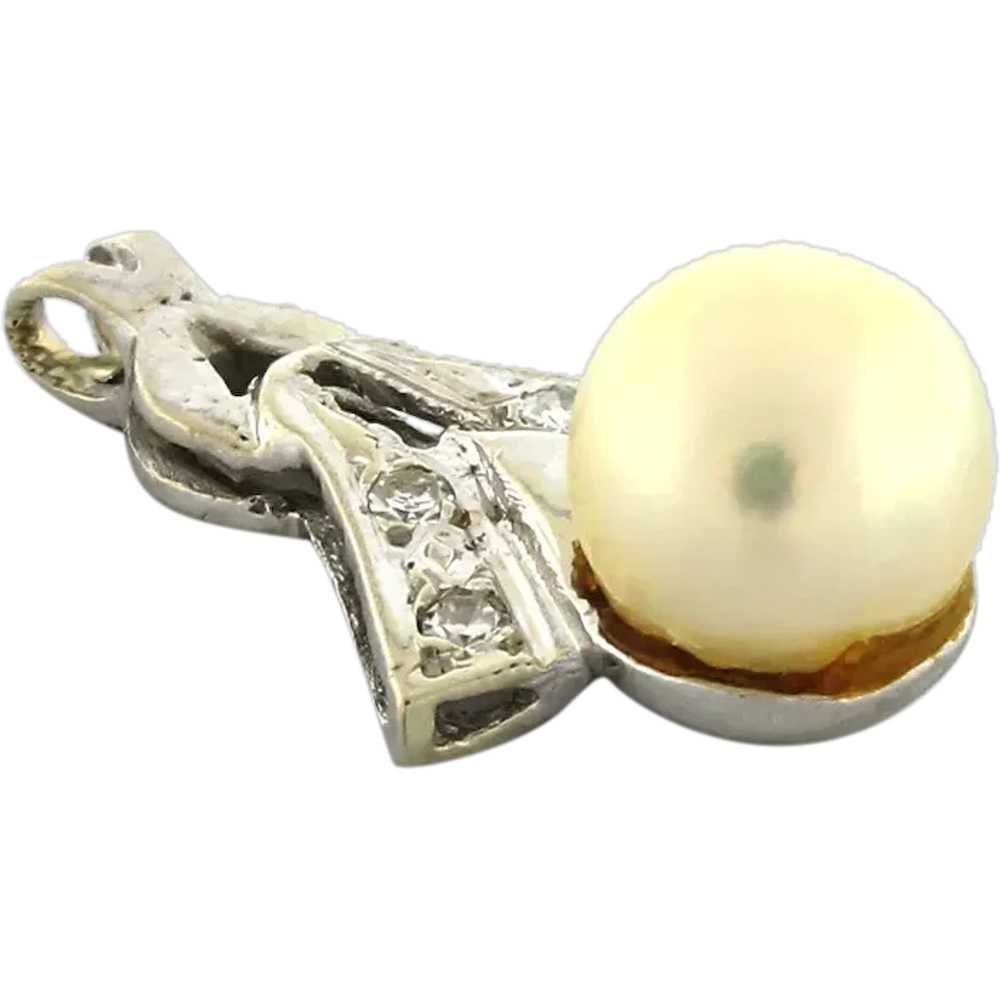 Vintage Pearl Diamond Pendant 14K White Gold 0.06… - image 1