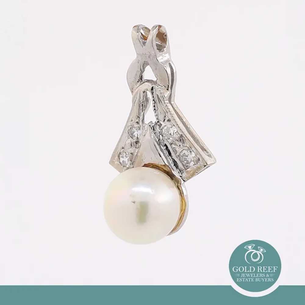 Vintage Pearl Diamond Pendant 14K White Gold 0.06… - image 2