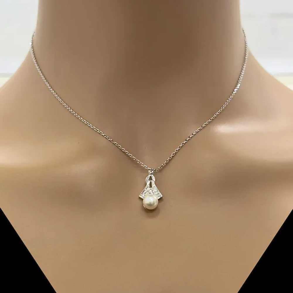 Vintage Pearl Diamond Pendant 14K White Gold 0.06… - image 3