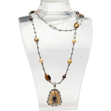 Amazing long sterling silver tiger eye brown neck… - image 1