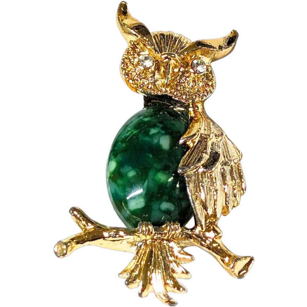 Green Jelly Belly Gerry's Gold Tone Owl Brooch - image 1