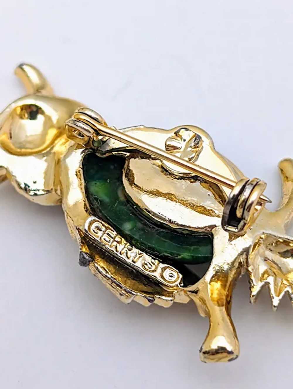 Green Jelly Belly Gerry's Gold Tone Owl Brooch - image 6