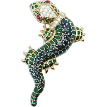 Amazing vintage green enamel rhinestones lizard re