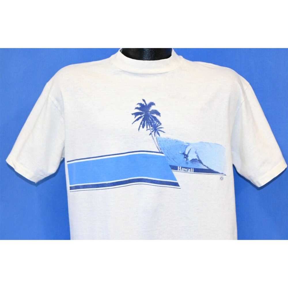 Hanes vtg 80s HAWAII ISLAND BLUE STRIPE PALM TREE… - image 1