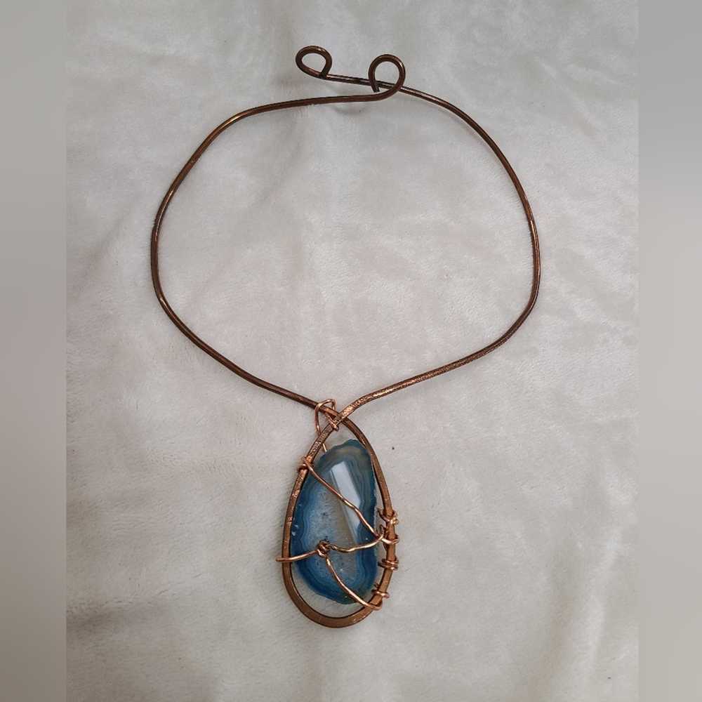 Handmade Copper Wire Wrapped Blue Agate Slice Cho… - image 1