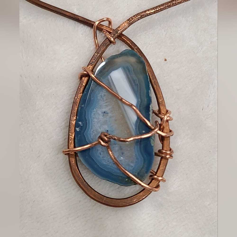 Handmade Copper Wire Wrapped Blue Agate Slice Cho… - image 3