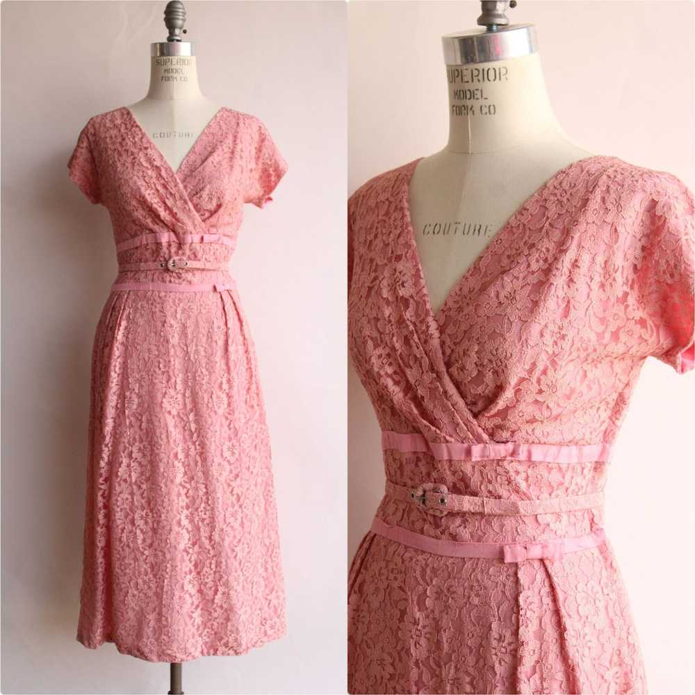 Vintage Vintage 1940s 1950s Dress with Belt, Pink… - image 1