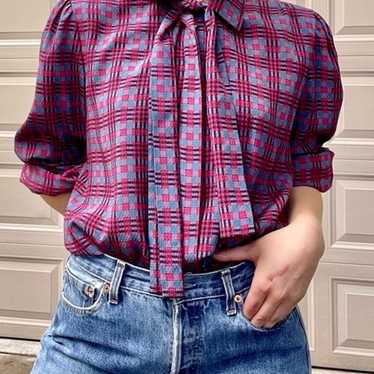 VTG Silk Plaid Blouse with Neck Scarf