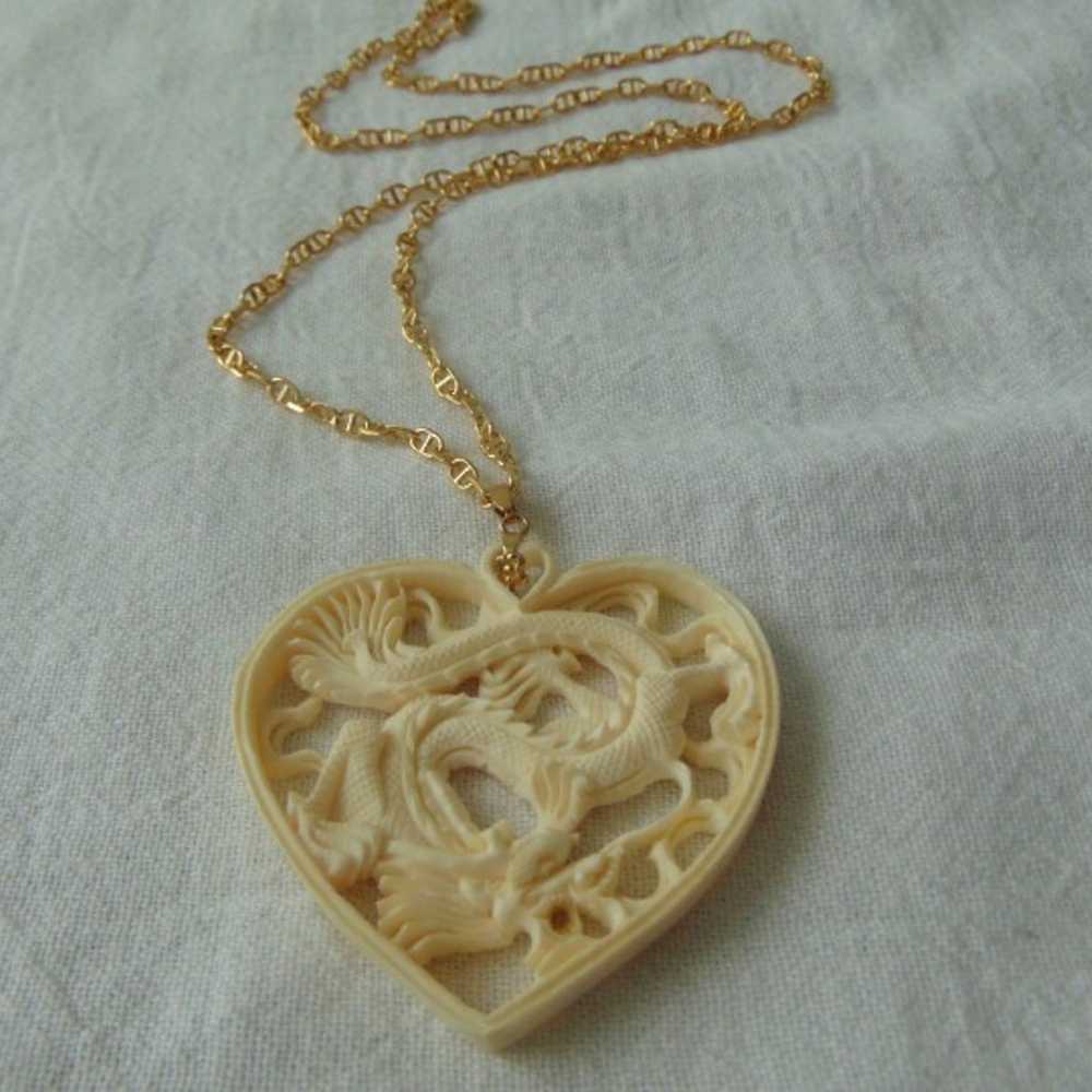 vntage carved genuine tusk dragon heart pendant n… - image 1